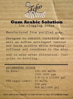 A printed datasheet for a gum arabic winemaking additive solution