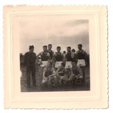 Vintage black and white team photograph of Pierre Legeron with his football mates