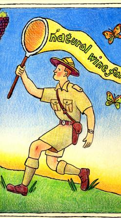 A vintage-style illustration of a figure catching butterflies with a natural wine fair banner